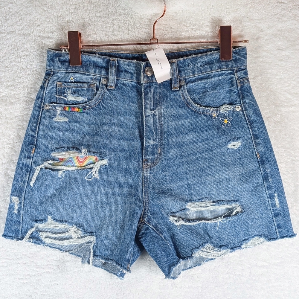 601-NWTAmerican Eagle Distressed Denim Shorts with Rainbow Accents And Embroider